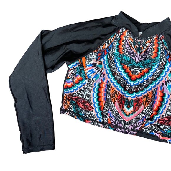 Girls Art Class Long-Sleeve Crop Swim Top Size M 7/8 Multicolor Pattern & Black - Picture 3 of 8